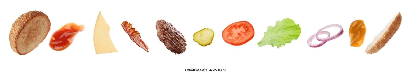 Collage with flying ingredients for burger on white background - Powered by Shutterstock