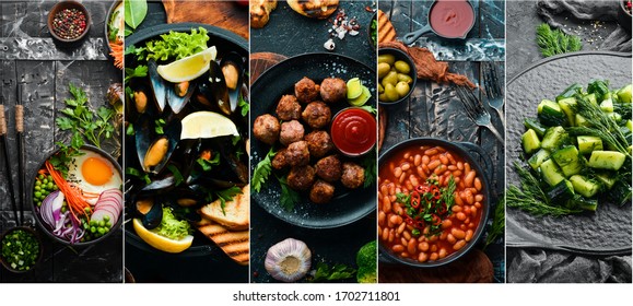 Collage of food and dishes of meat, fish and vegetables. - Shutterstock ID 1702711801