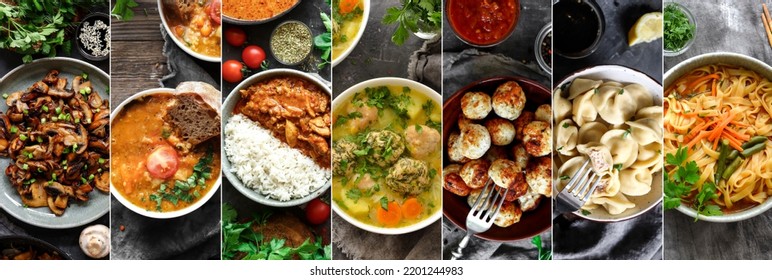 Collage of food in the dishes. A variety of food, vegetables, chicken, top view. Options for dishes. Dinner options in plates. - Shutterstock ID 2201244983