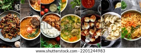 Collage of food in the dishes. A variety of food, vegetables, chicken, top view. Options for dishes. Dinner options in plates.