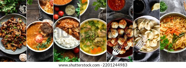 Collage of food in the dishes. A variety of food,\
vegetables, chicken, top view. Options for dishes. Dinner options\
in plates.
