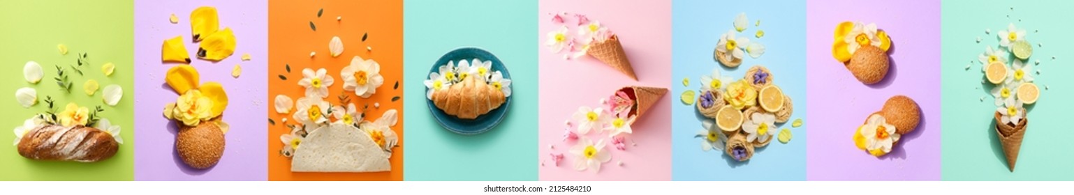 Collage with food and narcissus flowers on color background