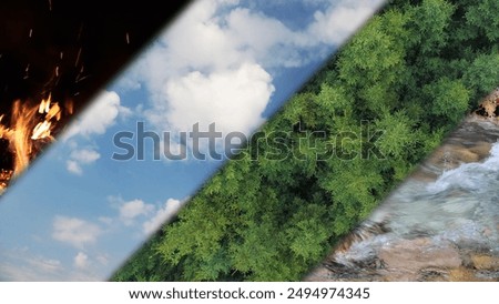 Collage of a four elements of life. Fire, air, earth and water background.	
