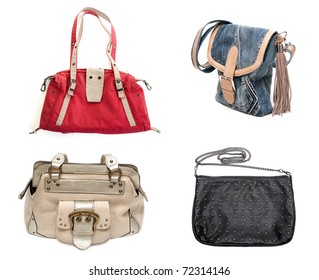 Collage Of Four Handbags Isolated On A White Background. Image Composed Of Multiple Photos