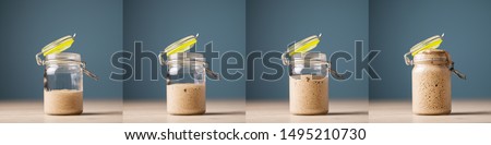 Collage of four photos of home made starter yeast growing and rising in a glass jar. 
