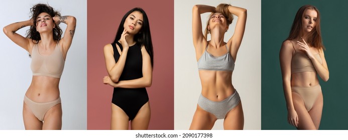 Collage Of Four Portraits Of Beautiful Young Slim Women Posing In Underwear Isolated Over Multicolored Background. Concept Of Beauty, Body And Skin Care, Health, Plastic Surgery, Cosmetics, Ad