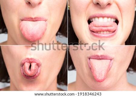 Collage of four shapes of a woman's tongue as she protrudes it from her mouth, u-fold is hereditary trait, fun composition