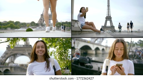 a collage of four videos. a woman in a white t-shirt and shorts and with long dark hair walks around the city, smiles, takes selfies, checks her phone,