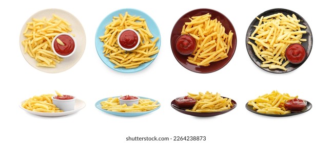Collage of French fries served with ketchup on white background, top and side views - Shutterstock ID 2264238873