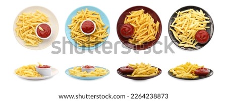 Collage of French fries served with ketchup on white background, top and side views