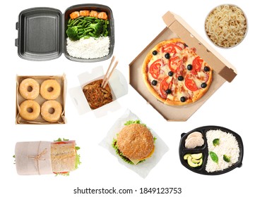 Collage of fresh food on white background, top view. Online delivery - Powered by Shutterstock