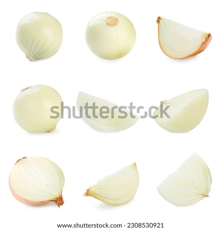 Collage with fresh onions on white background