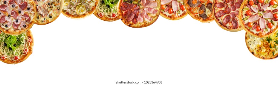 Collage of freshly baked homemade pizza. Top view.