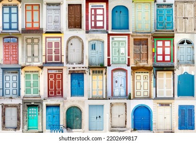 Collage Of Front Doors In Various Colors, Blue, Red, Green, Yellow, Beige, Brown. Fun Positive Wallpaper Background. Copy Space.