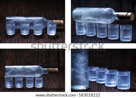 Collage frozen vodka in small glass on wooden table, selective focus