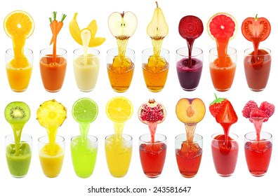 Collage Of Fruit And Vegetable Juice Isolated On White