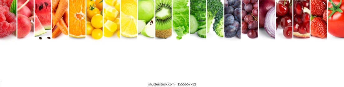 Collage von Obst, Gemüse und Beeren. Frische gemischte Lebensmittel. Lebensmittelkonzept