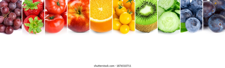 Collage von Obst, Gemüse und Beeren. Frisches Essen. Gesunde Lebensmittel