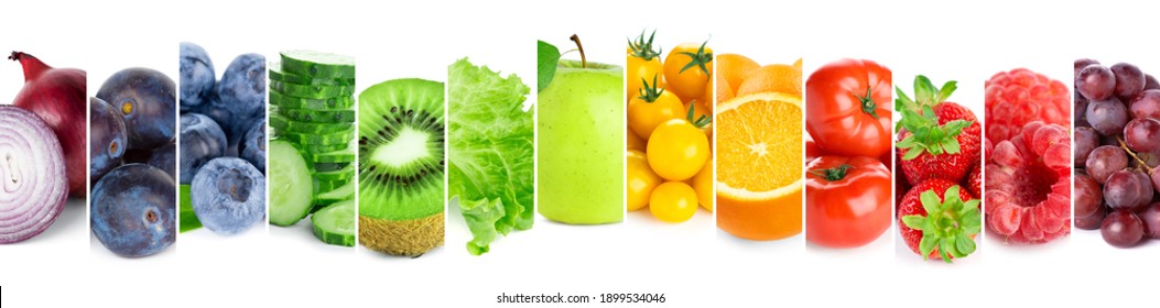 Collage von Obst, Gemüse und Beeren. Frisches Essen. Gesunder Lebensstil
