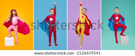 Collage of full body happy preteen children wearing colorful superhero cloaks standing in studio