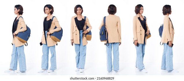 Collage Full length of Asian Indian 20s working woman with curl hair hold cell smart phone, backpack, blazer and jean pants. Female turn 360 rear side back view over white background isolated - Shutterstock ID 2160968829