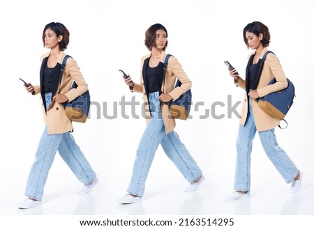 Collage Full length of Asian Indian 20s working woman with curl hair hold cell smart phone, backpack, blazzer and jean pants. Female walk forward side and work internet over white background isolated Stock photo © 