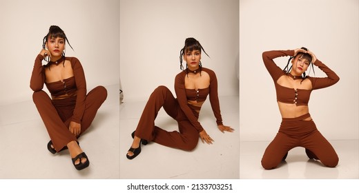 Collage Full length body of 20s Asian Indian Arab Woman wear brown dress black braided hair and long boots shoes on white background isolated. Female presents long legs, sit on floor and put foots