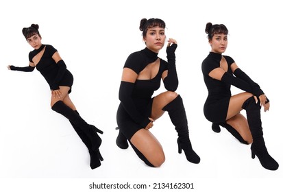 Collage Full length body of 20s Asian Indian Arab Woman wear black dress braided hair and long boots shoes on white background isolated. Female presents long legs, sit on floor and put foots on front