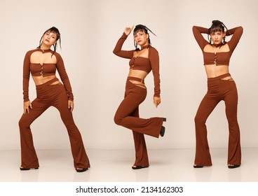 Collage Full length body of 20s Asian Indian Arab Woman wear brown dress black braided hair and long boots shoes on white background isolated. Female presents long legs, stand and fashion poses