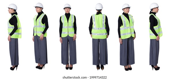 Collage Full Length Figure Of 40s 50s Asian LGBTQIA+ Woman Engineer Wear Safety Suit Hard Hat. Female Stands And Turns 360 Around Rear Side Back View Over White Background Isolated