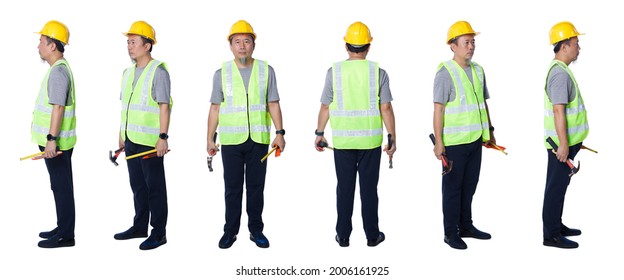 Collage Full Length Figure Of 50s 60s Asian Elderly Man Engineer Wear Safety Vest Hard Hat Tools. Senior Male Stands And Turns 360 Around Rear Side Back View Over White Background Isolated