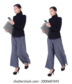 Collage Full Length Figure Walking Of 40s 50s Asian LGBTQIA+ Woman Black Hair Suit Pant And Shoes. Female Uses Smart Phone, Notebook And Walk Right Side Over White Background Isolated