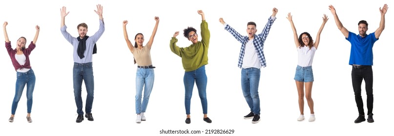 Collage of full length portriats of people in casual clothes holding hands raised up in the air isolated on white background - Shutterstock ID 2192826629
