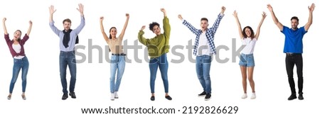 Collage of full length portriats of people in casual clothes holding hands raised up in the air isolated on white background