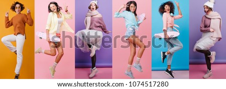Collage Full-length portrait of carefree girl in white pants jumping on orange background. Romantic lady with wavy hair dancing in knitted sweater.