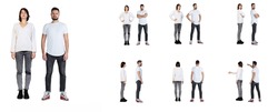 Collage. Full-length Portraits Of Woman And Man Posing In Casual Cloth, Standing In A Line Isolated Over White Studio Background. Profile, Front And Back View. Concept Of Emotions, Youth, Posing