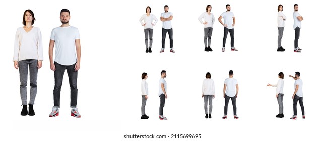 Collage. Full-length portraits of woman and man posing in casual cloth, standing in a line isolated over white studio background. Profile, front and back view. Concept of emotions, youth, posing - Shutterstock ID 2115699695