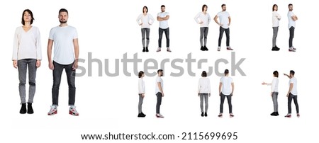 Collage. Full-length portraits of woman and man posing in casual cloth, standing in a line isolated over white studio background. Profile, front and back view. Concept of emotions, youth, posing