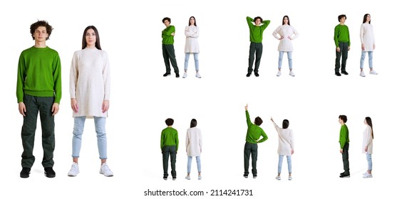 Collage. Full-length portraits of young girl and boy posing in casual cloth, standing in a line isolated over white studio background. Profile, front and back view. Concept of emotions, youth, posing - Powered by Shutterstock