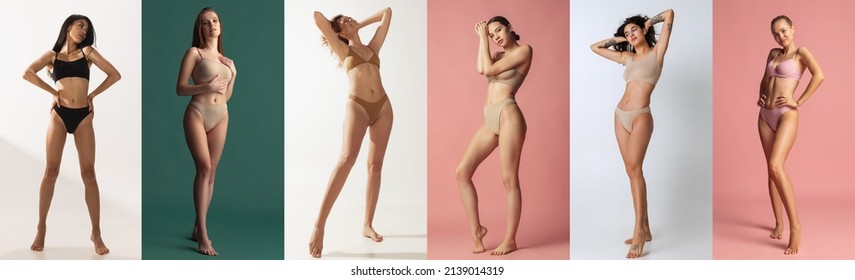Collage. Full-length portraits of young slim women in cotton underwear posing isolated over multicolored background. Fit body, perfect shape. Concept of beauty, health, fitness, cosmetics, care, ad