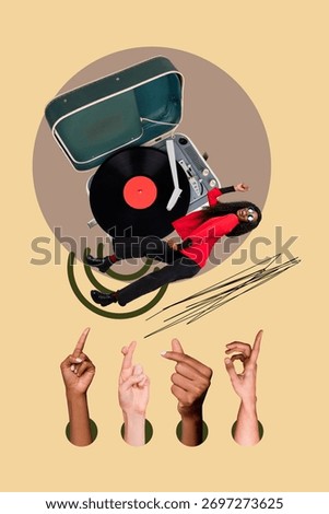 Collage with funky person dancing on vinyl record player diverse hands showing expressive finger gestures