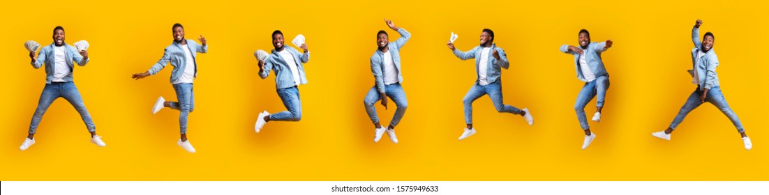 Collage Of Funny African American Man Jumping In Air With Money On Yellow Background, Panorama