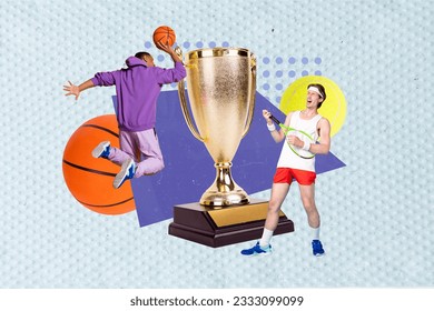 Collage of funny sportsman friends competition basketball throwing dribbling professional tennis player racquet isolated on blue background