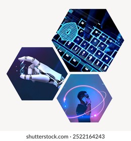 Collage of futuristic technology: robotic hand, DNA, digital keyboard, and African American man in VR headset. Technology, robotic, and digital themes in hexagon shapes. Digital and technology concept - Powered by Shutterstock