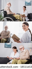 Collage Of Geriatric Nurse Reading Book To Disabled Man And Looking At Family Photo Together