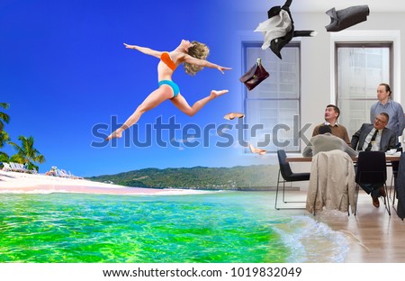 Collage, girl jumping from office to tropical beach