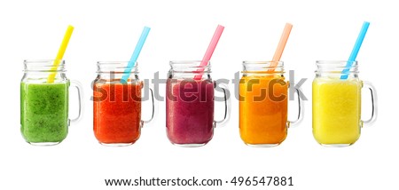 Collage of glass jars with fresh delicious smoothie and straw on white background