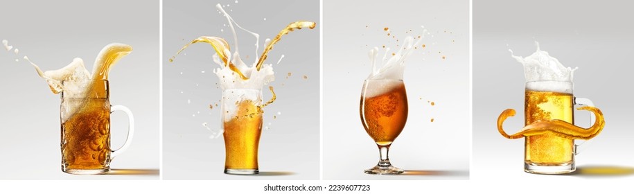 Collage. Glasses and mugs with chill , foamy lager beer over grey background. Brewery, taste. Concept of alcohol, oktoberfest, drinks, holidays and festivals. Copy space for ad. - Powered by Shutterstock