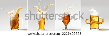 Collage. Glasses and mugs with chill , foamy lager beer over grey background. Brewery, taste. Concept of alcohol, oktoberfest, drinks, holidays and festivals. Copy space for ad.