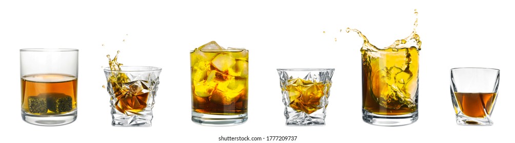 Collage With Glasses Of Whiskey On White Background. Banner Design